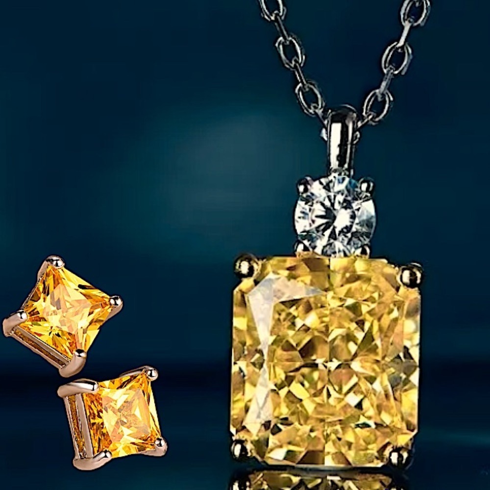 Sterling Silver 5CT Citrine Solitaire Pendant Necklace Matching Stud Earrings